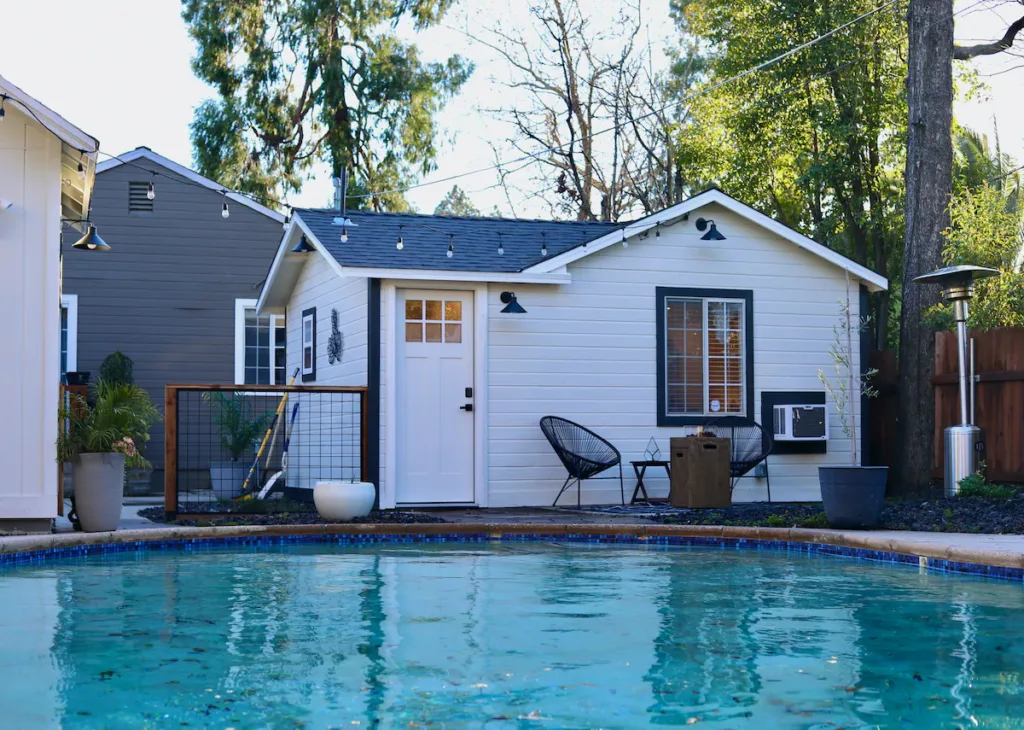 Backyard pool with cabin