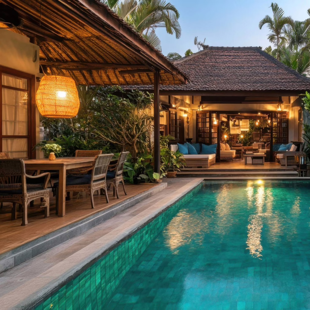 Swimming pool with plants and lounge area