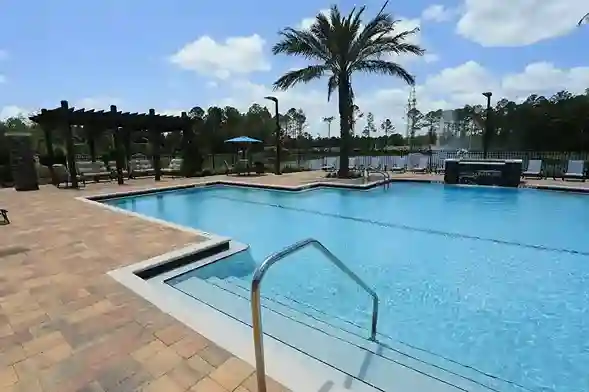 Swimming pool with clear blue water and palm trees